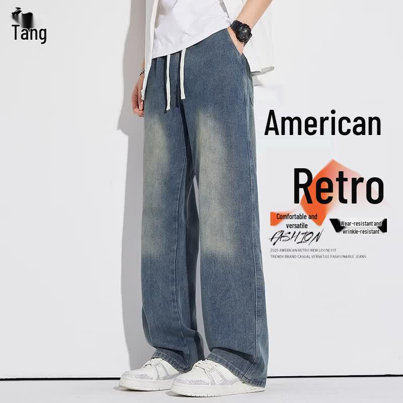 Chutang Men's American Style Loose Fit Wide-Leg Jeans