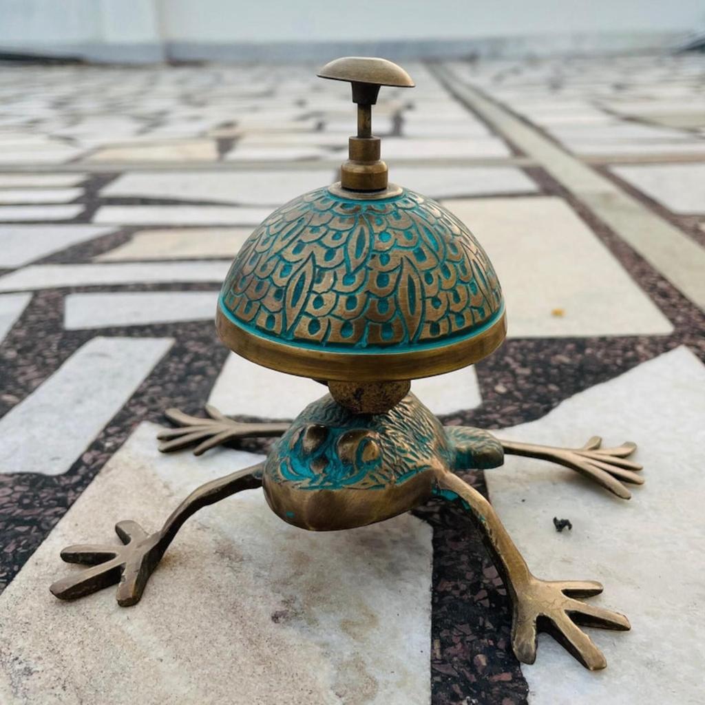Antique Brass Frog Design Desk Bell - An Ornate Table Bell for Office Reception and More.