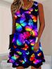 Lässiges Damen Tanktop-Kleid Sommer Ärmellos O-Ausschnitt 3D-Druck Locker A-Linien-Kleid Strand-Westenkleid
