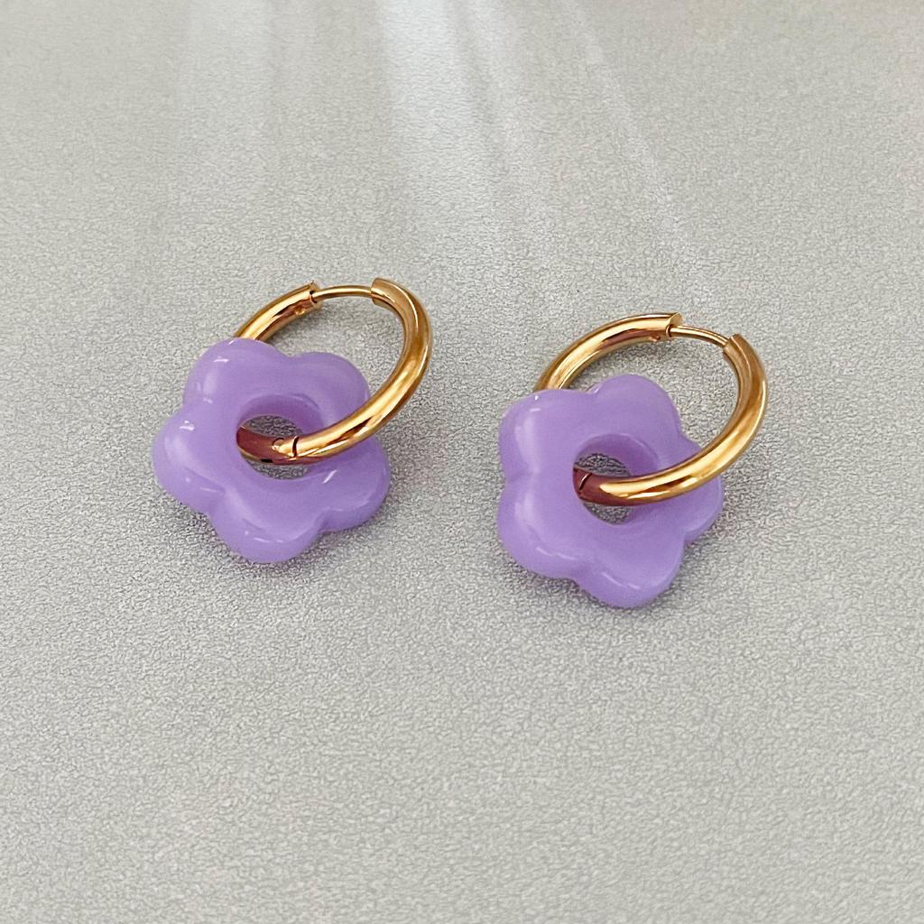 18K Gold Plated Colorful Flower Hoop Earrings - Retro Stainless Steel Jewelry for Women.