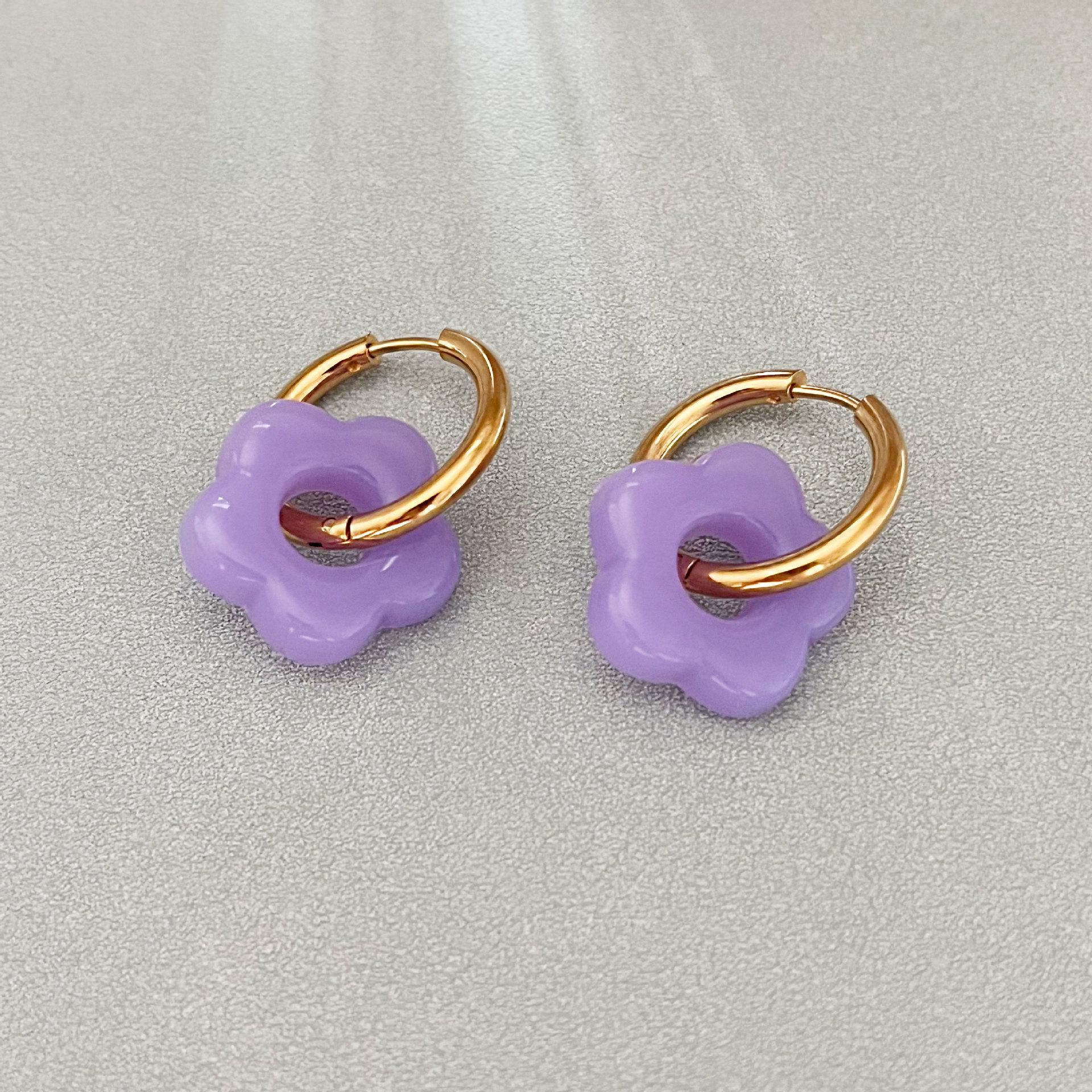 

Позолоченные 18-каратным золотом серьги-кольца с разноцветными цветами - Ретро украшения из нержавеющей стали для женщин. фиолетовый