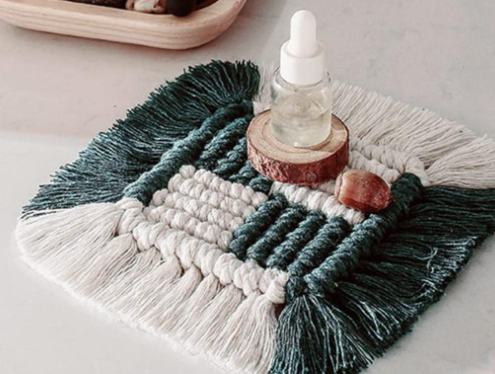 Handwoven Cotton Rope Heat Resistant Square Placemat with Fringe Decorative Table Pad for Hot Cups Plates and Coffee Mugs