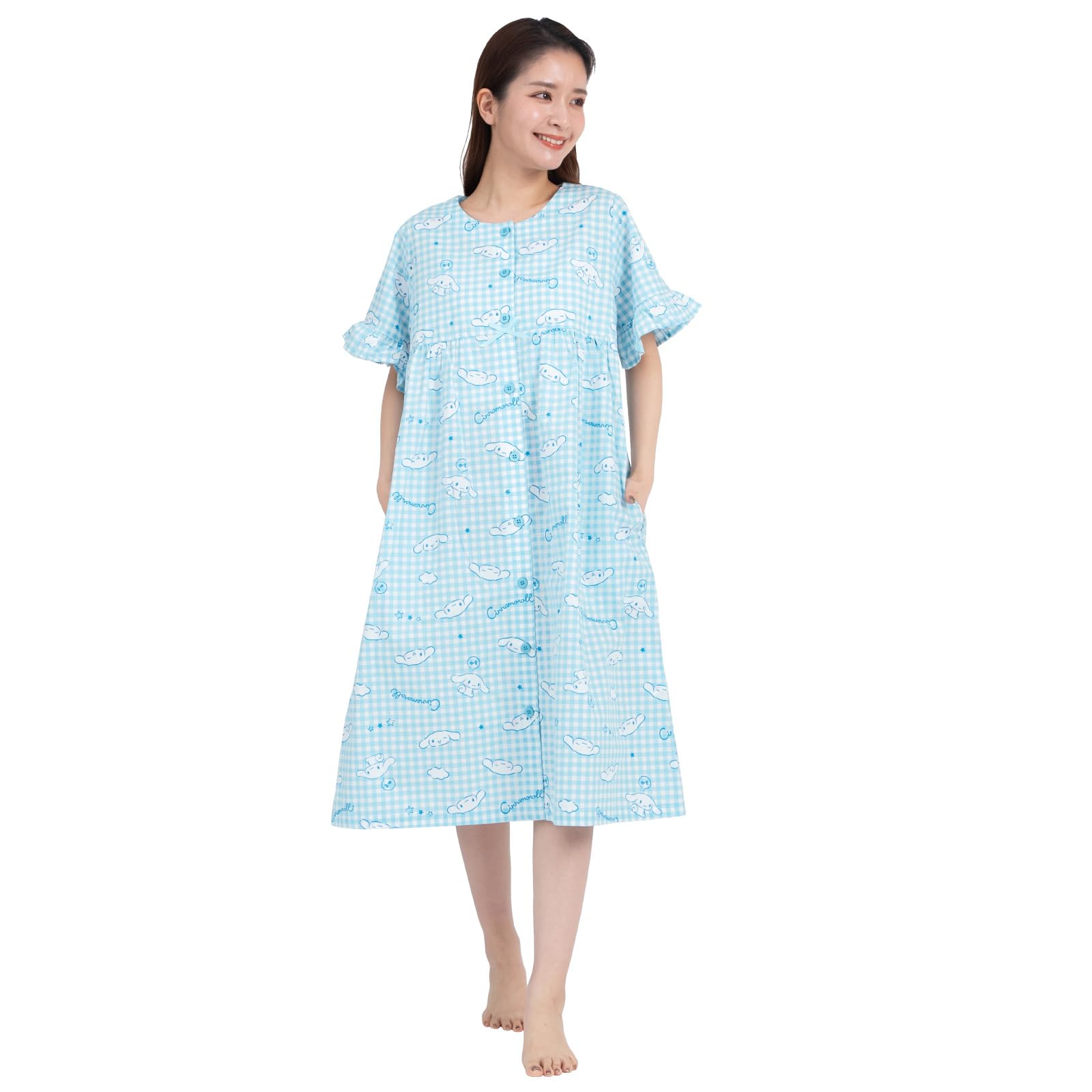 

SAZAC Платье/ночная рубашка Cinnamoroll из хлопкового гингема Cinnamoroll, 100% бязь, женская, домашняя одежда на пуговицах, (Мятный/M-L/SAN1781) мятный