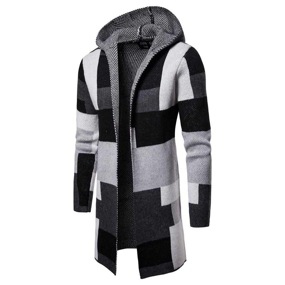 Men's Hooded Solid Knit Patchwork Coat Jacket Cardigan Long Sleeve Tops Blouse