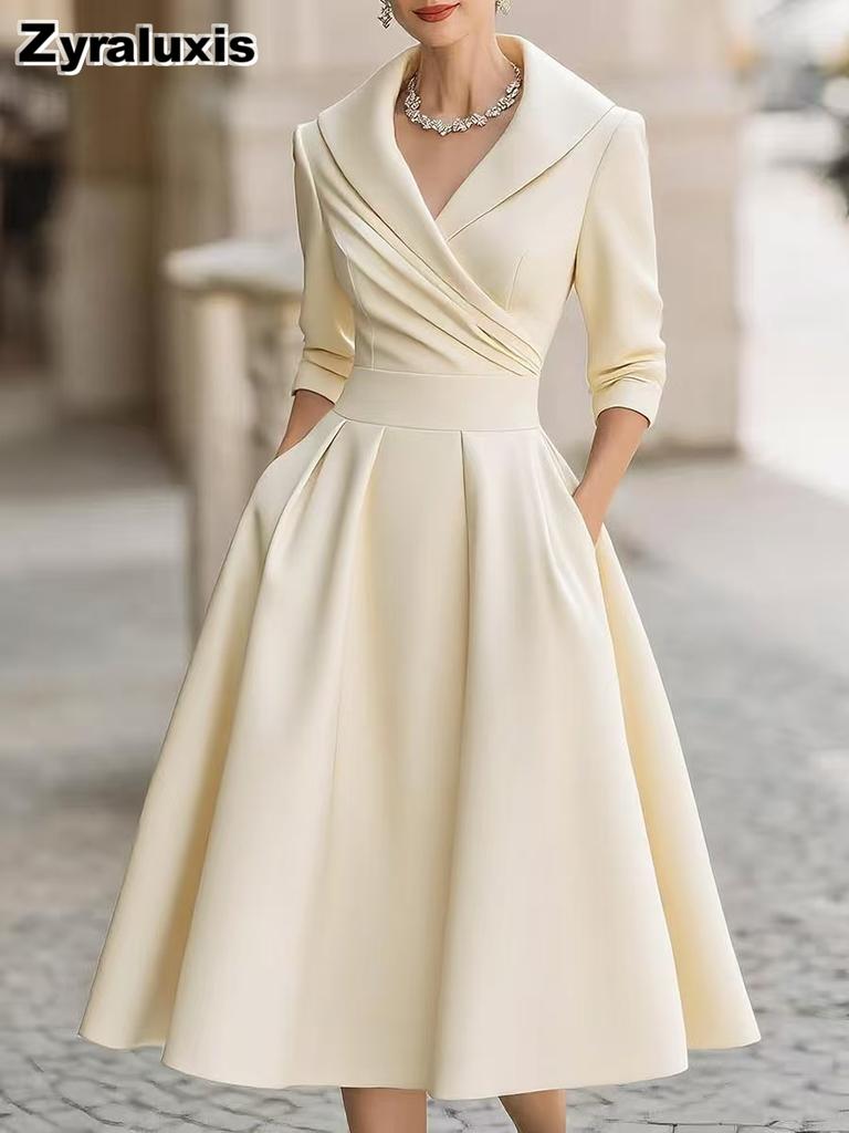 Moda Nuovo Abito Stile Hepburn Vita Alta Dimagrante Manica Lunga Completo Vestito