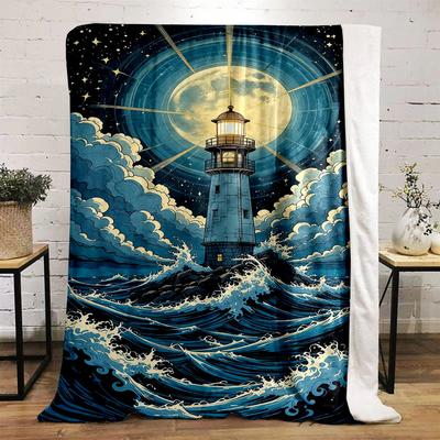 "Moonlit Lighthouse and Ocean Waves" Patterned Flannel Blanket Perfect for the Bedroom Living Room, Sofa, or a Little Nap