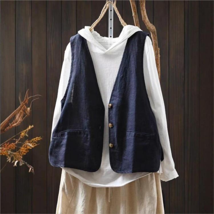 Vintage Patchwork Pockets Sleeveless Summer Coat Women Solid Color Button Johnature Female Coats