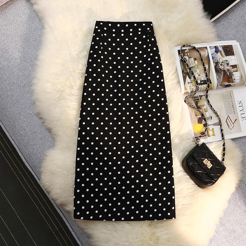 

Polka Dot Black Midi Skirt - Women s High Waist A-Line with Slit XL [For 126-140 jin] Waist 30-31