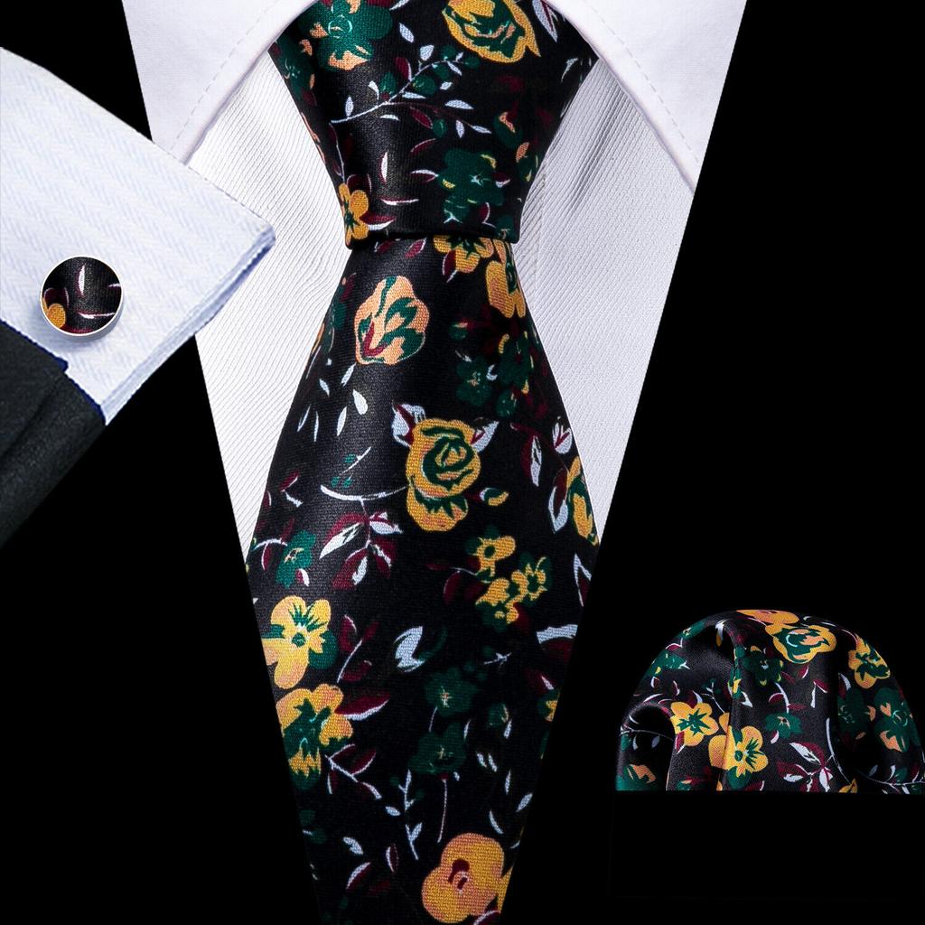 Barry.Wang Floral Ties for Men Woven Paisley Wedding Necktie Handkerchief Cufflinks Formal Casual Set