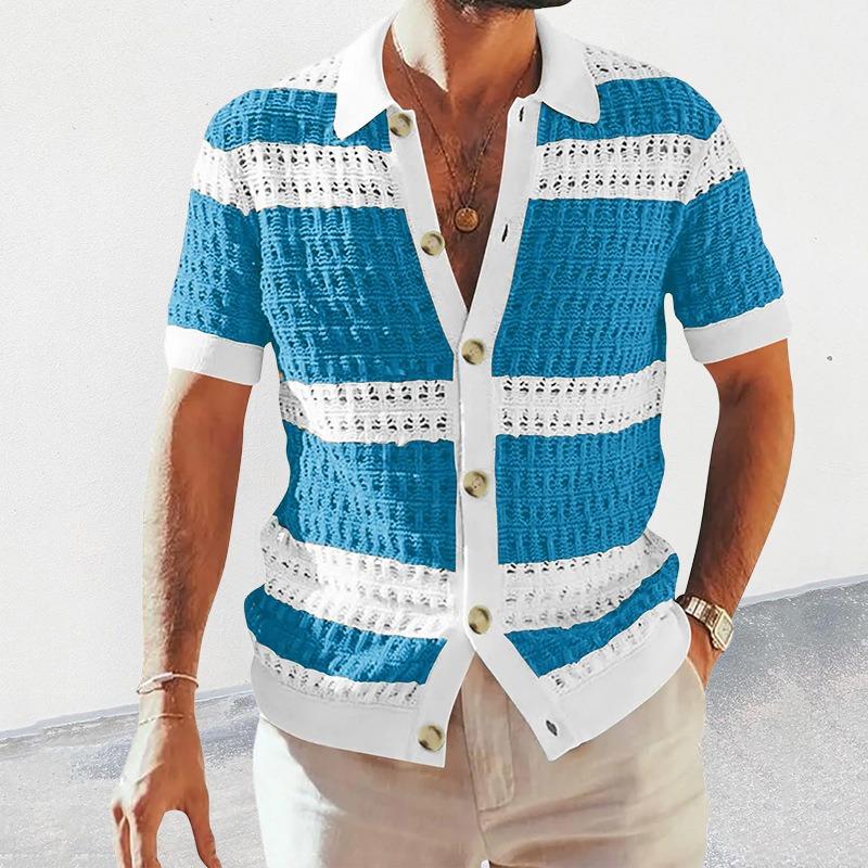 

2025 Summer New Knitted Sweater Men s Collared Short Sleeve Color Block Openwork XXL зелений