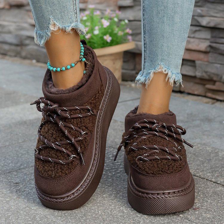 

Модные женские круглые короткие ботинки с носком внахлест, плюшевой шнуровкой спереди на платформе, нескользящие износостойкие хлопковые ботинки 2025 Зимние сапоги для снега 41 темно-коричневого