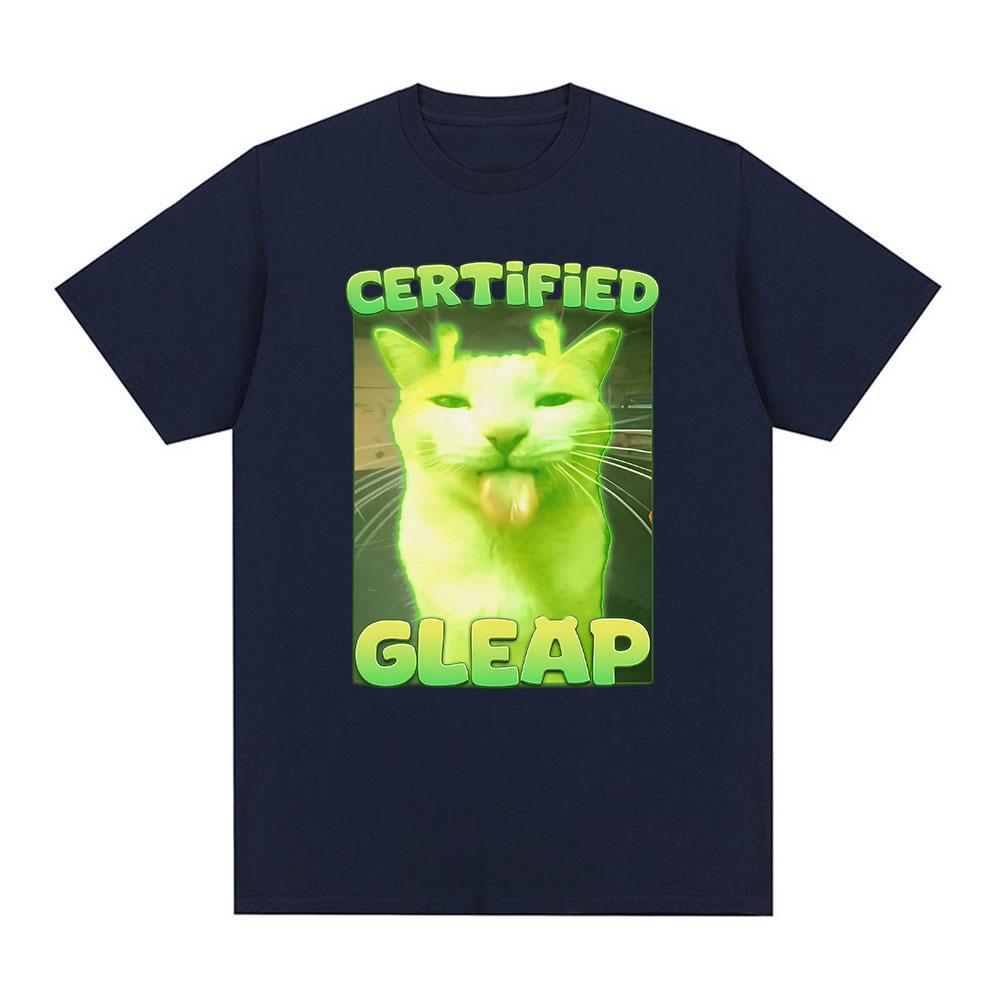 Certified Gleap Funny Alien Brainrot Cat Meme Graphic T-shirt Men Women Fashion Short Sleeve T-shirts Cotton Oversized T Shirts