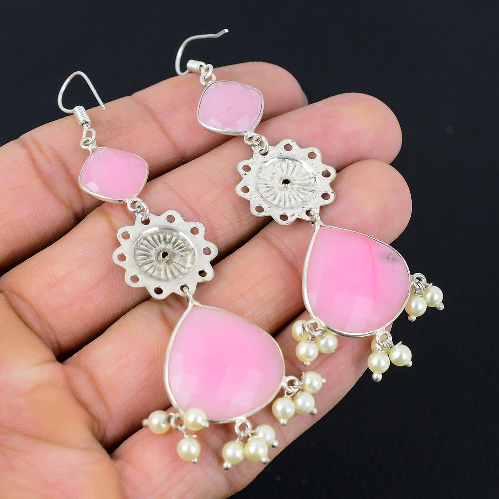 Pear Pink Chalcedony Stone Wife Elegant Dangle Earrings Jewelry Sterling Silver