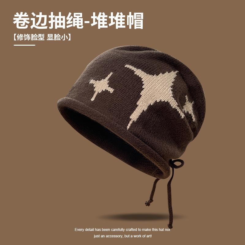 Retro knitted hat women's autumn and winter hemming warm cold hat, ear protection, headgear, face-showing small wool stacking hat