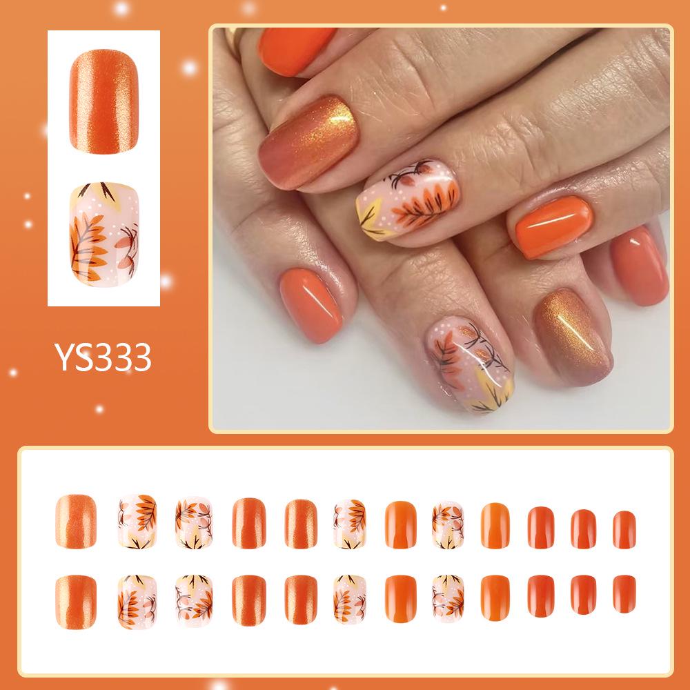 Short Glossy Nail Art: 24 Wearable Warm Color Leaf Stickers
