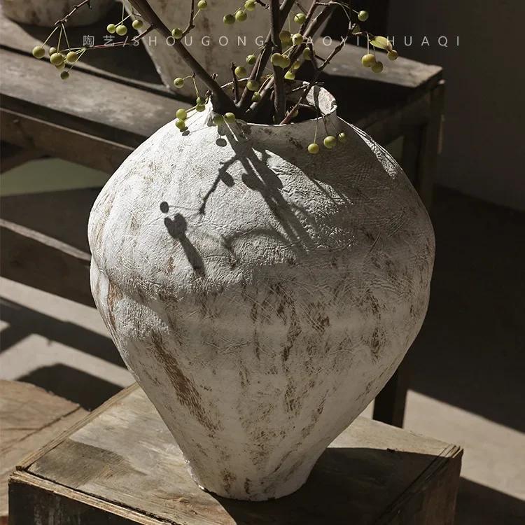 Wabi-Sabi Style Zen Arrangement Rough Pottery Jar Handmade Dried Flower Arrangement B&B Hotel Vintage Hydroponic Ceramic Vase