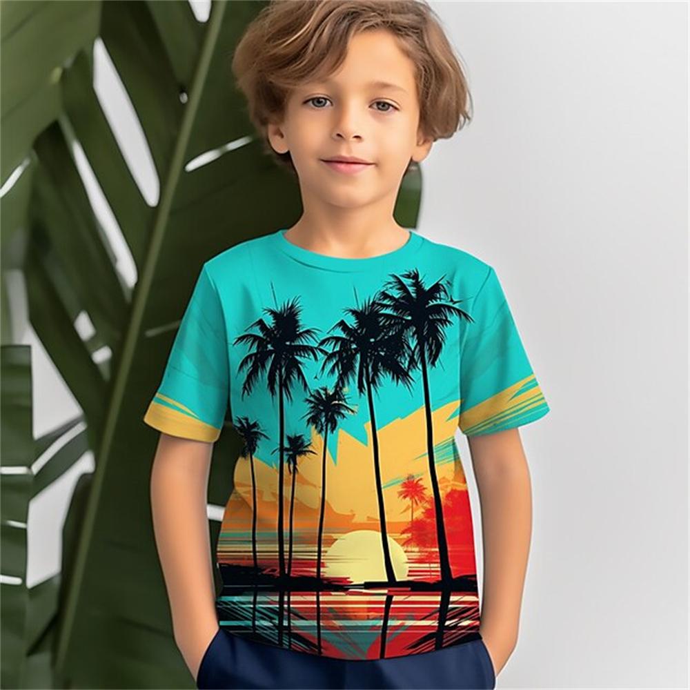 Tricou 3D Copac de Cocos pentru Băieți Mânecă Scurtă Vacanță de Vară Tropical Hawaiian Poliester Copii Gât Rotund Exterior Casual Zilnic Topuri