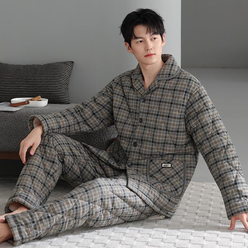 Pyjama d'hiver rembourré en coton épais à trois couches 100 % pur pour homme, veste rembourrée, vêtements d'intérieur chauds pour homme automne et hiver, grande taille