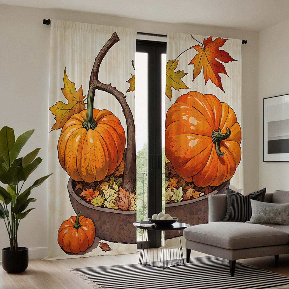 

2 шт. HD Harvest Festival тыква лоза кленовый лист декоративная занавеска Желтая завязка цифровая печать занавеска украшение дома стиль W52H63inchW132H160cm