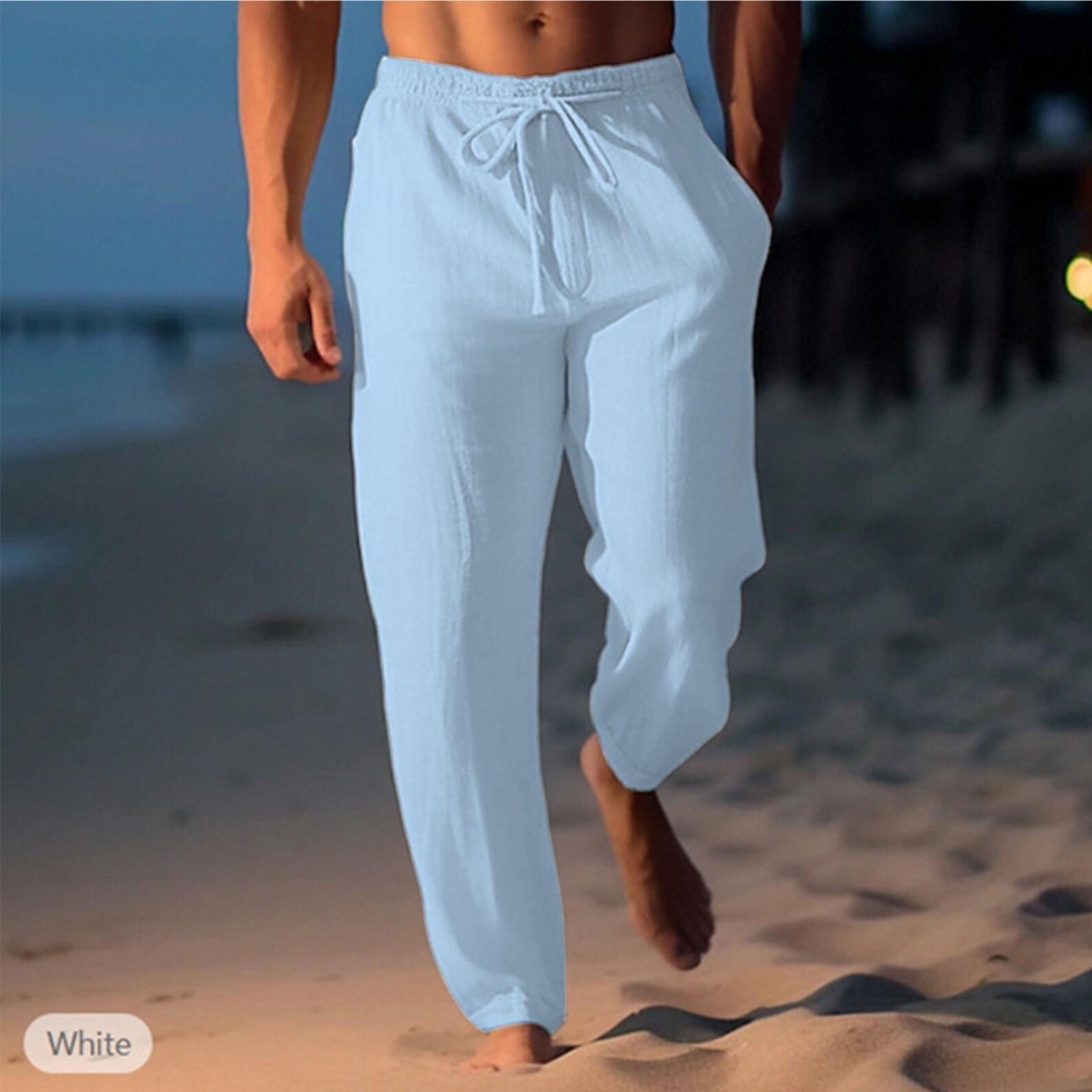

Брюки из хлопка и конопли, летние брюки, пляжные брюки, эластичный пояс на шнурке, прямые штанины, удобные, дышащие, повседневные мужские брюки XXXXXL