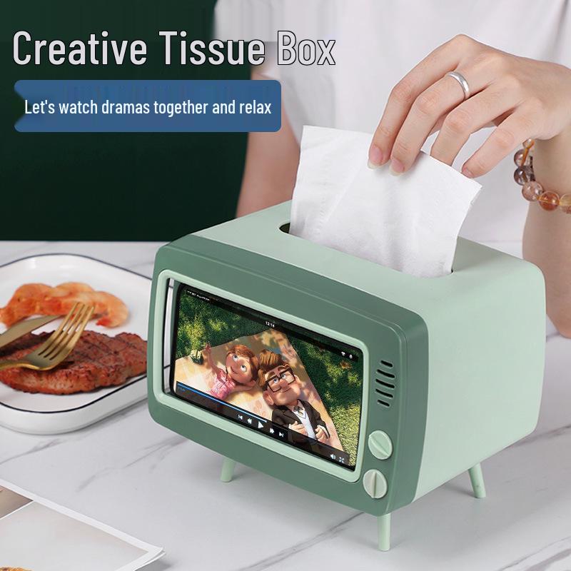 Retro TV Tissue Box and Mobile Phone Holder - Multi-functional for Home, Living Room, Coffee Table, and Restaurant Use.