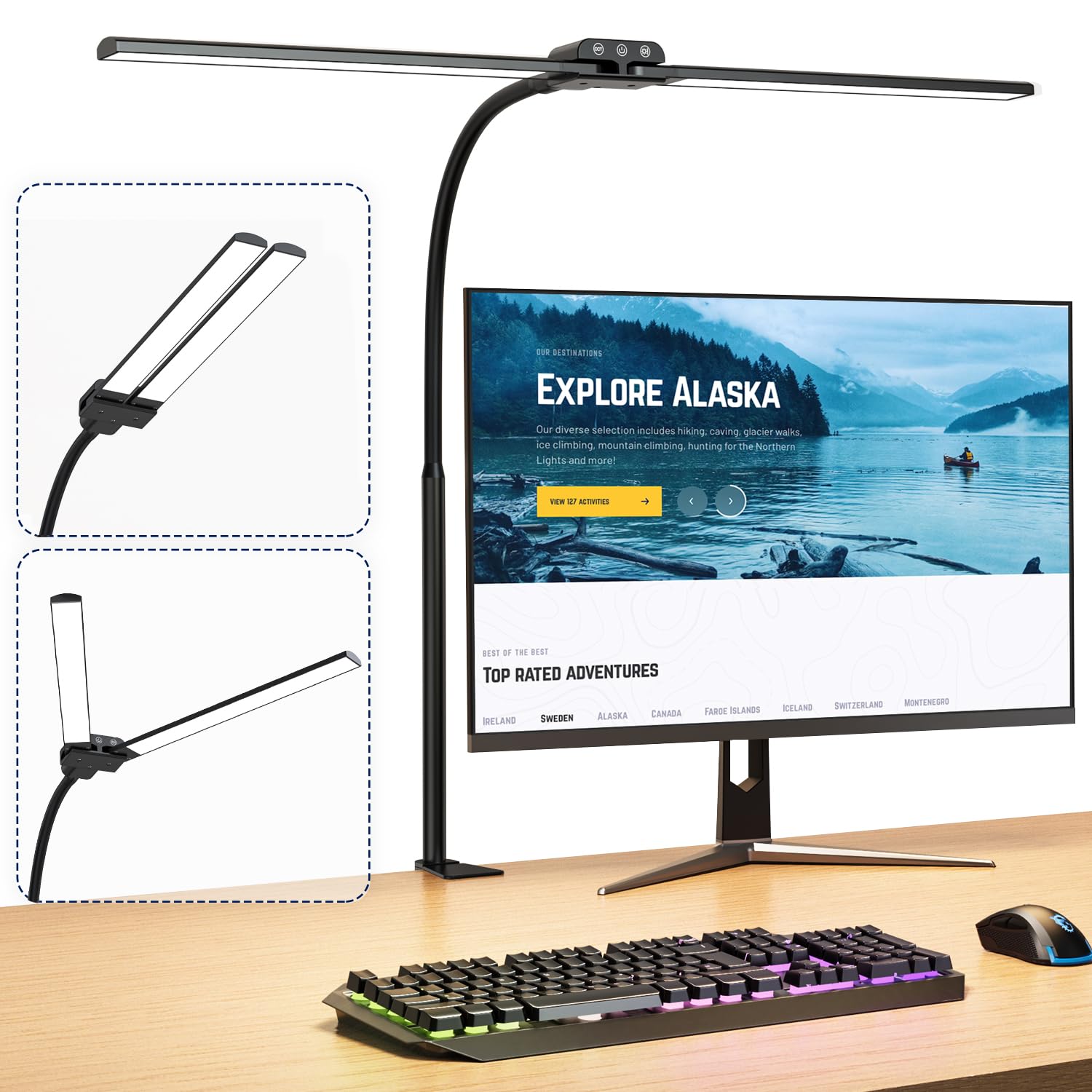 

Настольная лампа LED с двумя источниками света, настольная лампа KableRika 12 Вт, зажимной тип, 4 цвета, 4 уровня яркости, высокая яркость, 30-минутный таймер, автоматическое выключение, сенсорный чёрный