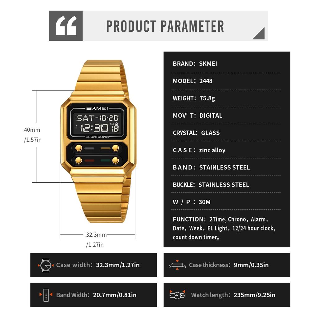 SKMEI 2448 Business Men Retro Luxury Time Digital Electronic Watch For Women Student Waterproof Chrono Wristwatch Simple Clock