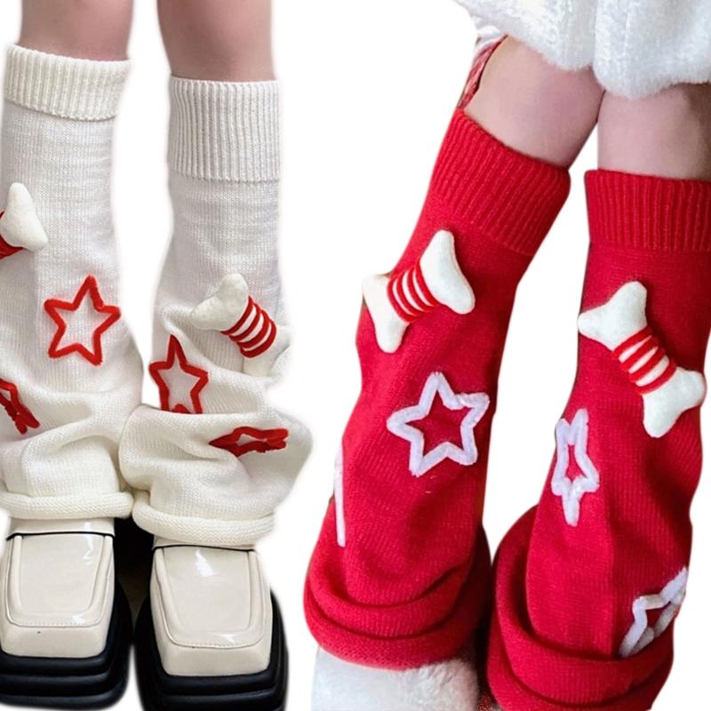 Meias longas Lolita femininas para outono e inverno, aquecedores de perna estilo Harajuku, adoráveis, com pequenos ossos em 3D e estrelas tricotadas, polainas para botas.