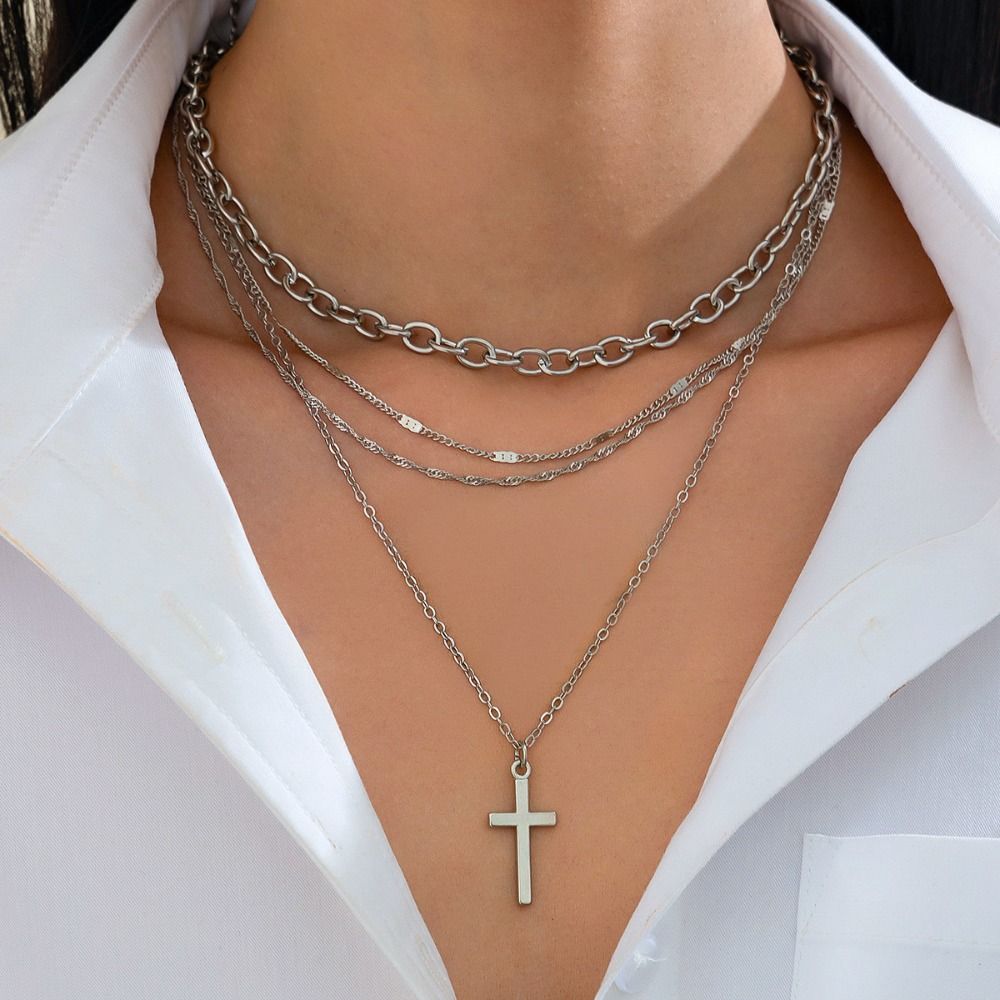 Adjustable Cross Pendant Stacked Multi Layer Prayer Necklace Vintage Cross Choker Christian Pray