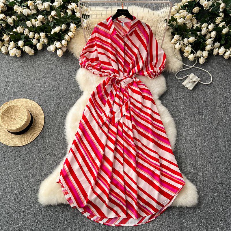 

Women s Clothing Dress 2024 Summer New Arrival Lightly Mature Waist Trimming Lace up Stylish Single Breasted Stripes Shirtdress Rose Red One size