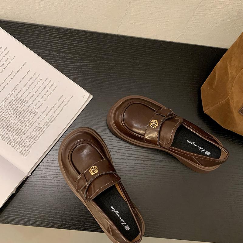 Round Head Brown Thick Heel Platform Small Leather Shoes Women's Spring and Autumn New One-pedal Loafers