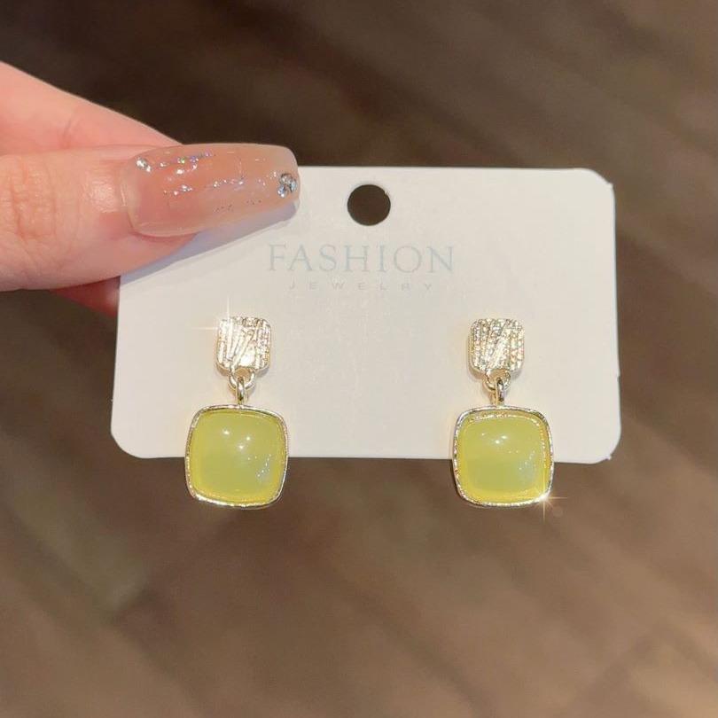 New square earrings temperament advanced sense simple imitation Hetian jade geometric stud earrings