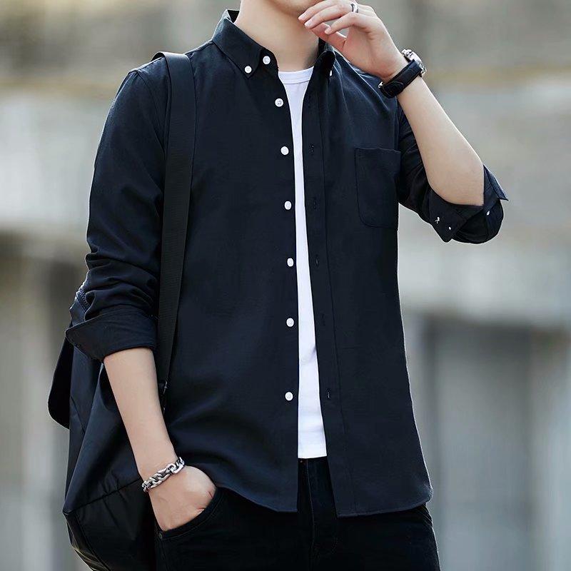 New Men's Long Sleeve Shirt Men's Oxford Casual Shirt Men's Slim Korean Solid Color Shirt