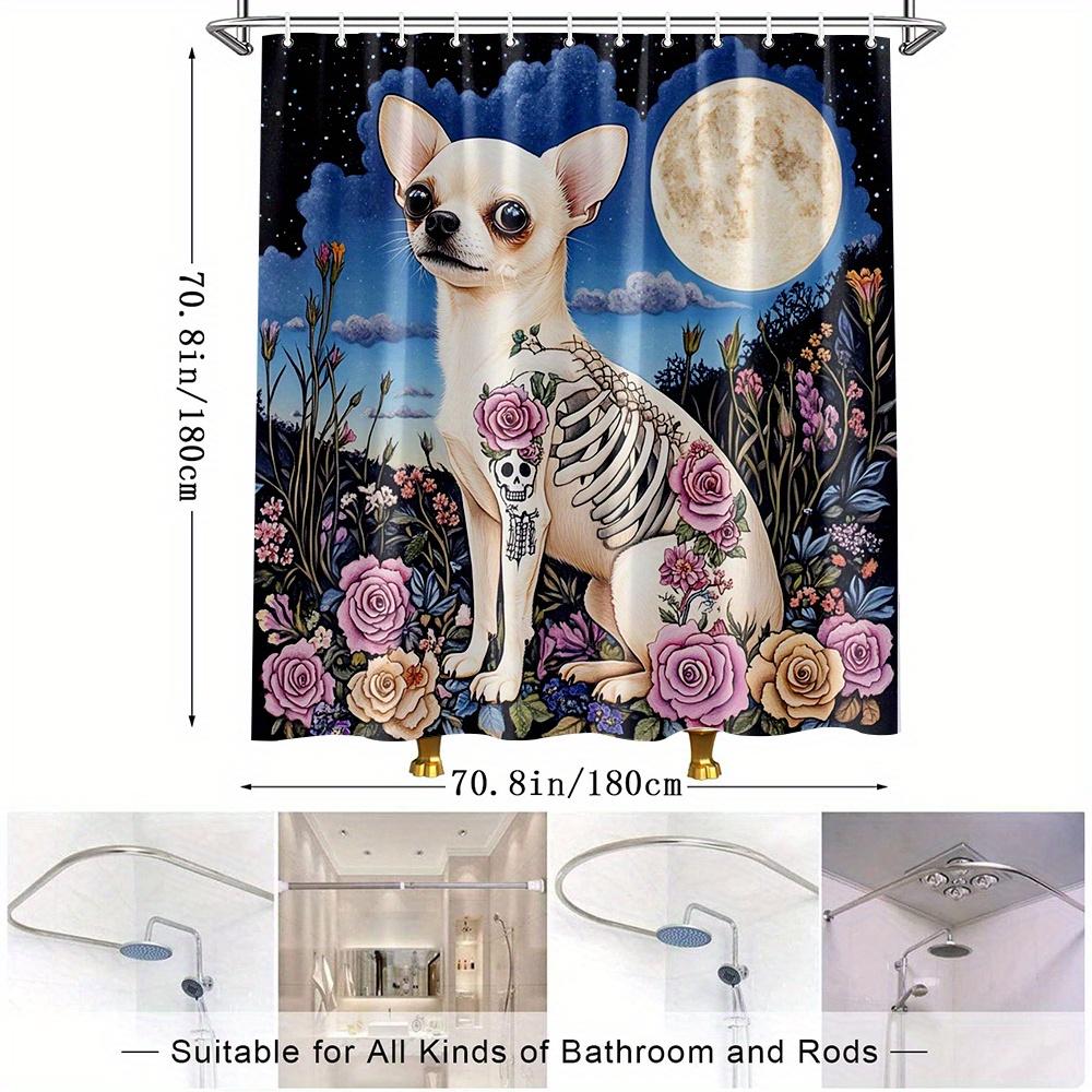 1pc Artistic Dog Bath Curtain with Floral Elements, Perfect as Bathroom Decor, Polyester Fabric, Includes 12 Hooks,180x200cm