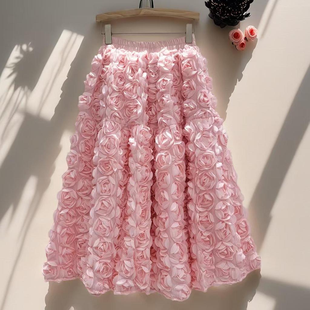 French A-Line High Waist Skirt with 3D Flowers - Spring/Winter Collection