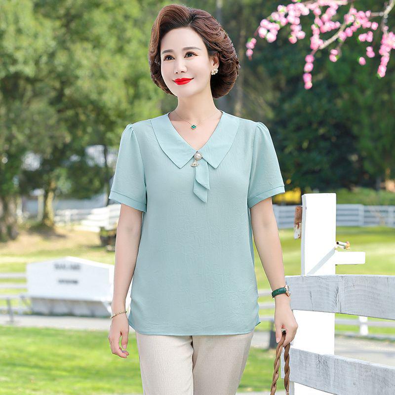 Mom's Stylish Summer Two-Piece Set: Chiffon Top & Short Sleeve T-Shirt for Middle-Aged Women