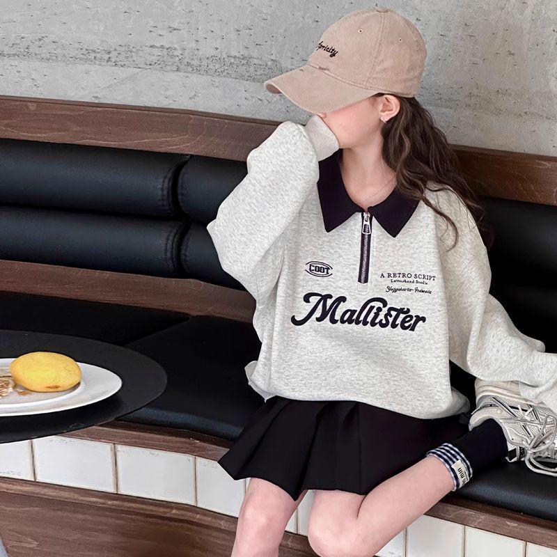 

Девичья шикарная толстовка в корейском стиле с отложным воротником - повседневный пуловер на весну/осень для детей старшего и среднего возраста 130 cm серый