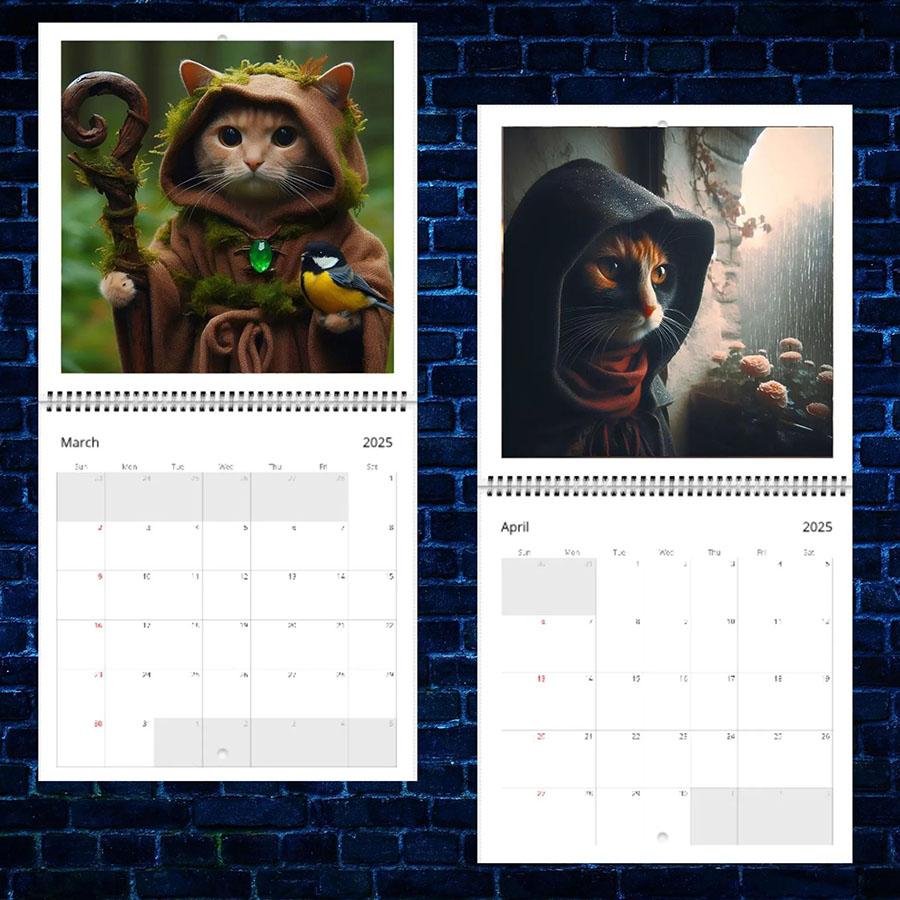 1pc 2025 Medieval Adventure Cat Calendar - Monthly Wall Hanging Planner with Artistic Feline Characters,  and Living Room Decor