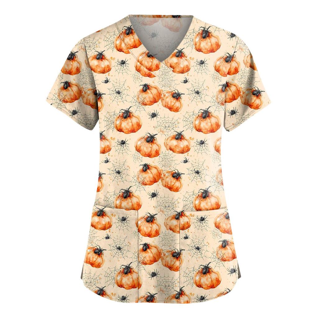 Dámská móda Overaly s krátkým rukávem a výstřihem do V s kapsami Halloweenské potištěné topy Oblečení