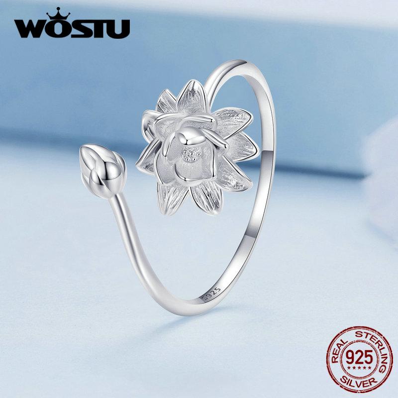 WOSTU Echt 925 Sterling Silber Einzigartige Lotus Offene Ringe Für Frauen Blau Emaille Aussage Blume Ring Hochzeit Partei Schmuck Geschenk