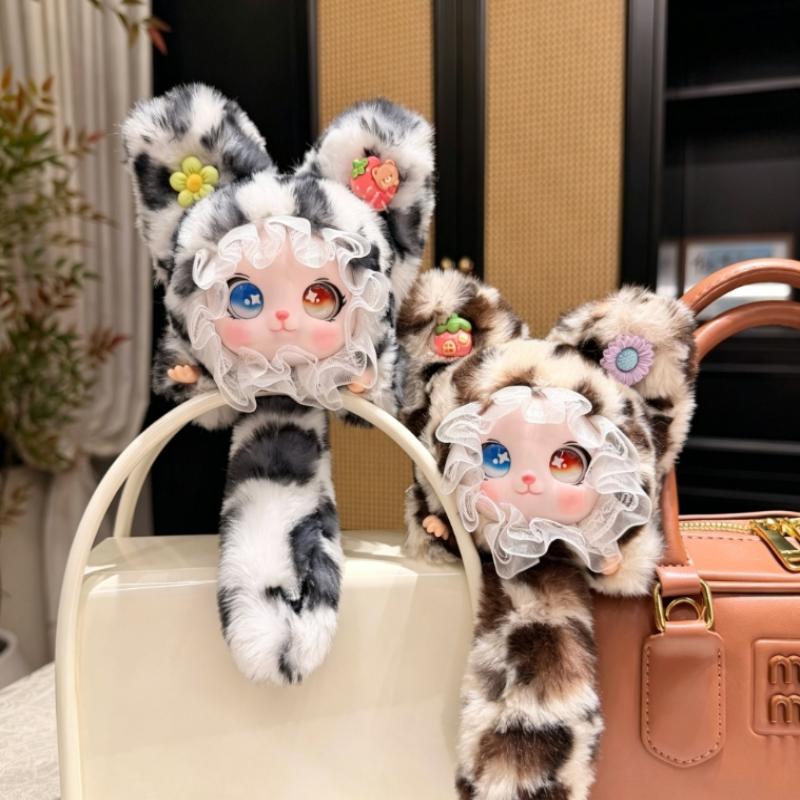 Lace Leopard Print Cat Plush Pendant Adorable Cartoon Design With Soft Tail Backpack Hanging Keychain for Kids Daily Use Small Gift