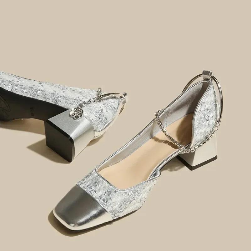 Mode Argent Mode Chaîne Cheville Boucle Talons Hauts pour Femmes Élégants Escarpins à Bout Carré Dames Paillettes Talon Carré Chaussures de Fête Robe Femmes
