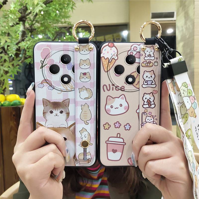 Back Cover Waterproof Phone Case For OPPO Reno12F 5G Silicone Wristband Ring Cartoon Shockproof Anti-knock Wrist Strap
