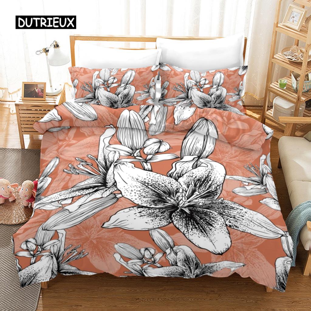 Bettbezug-Set mit Blumenmuster, tropisches Bettwäsche-Set mit Blumenmuster, tropische Blumen und Blätter für Kinder und Teenager, Polyester, Doppelbett, Queensize-Bett, Kingsize-Bettbezug