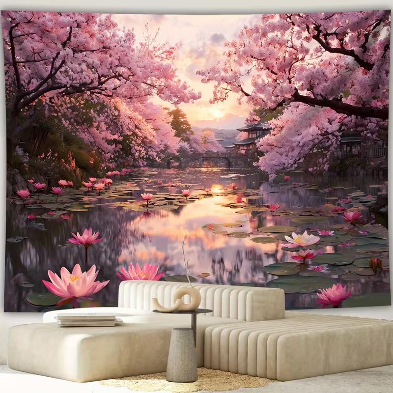2D Spring Garden Tapestry, Colorful Flowers & Butterflies Wall Hanging