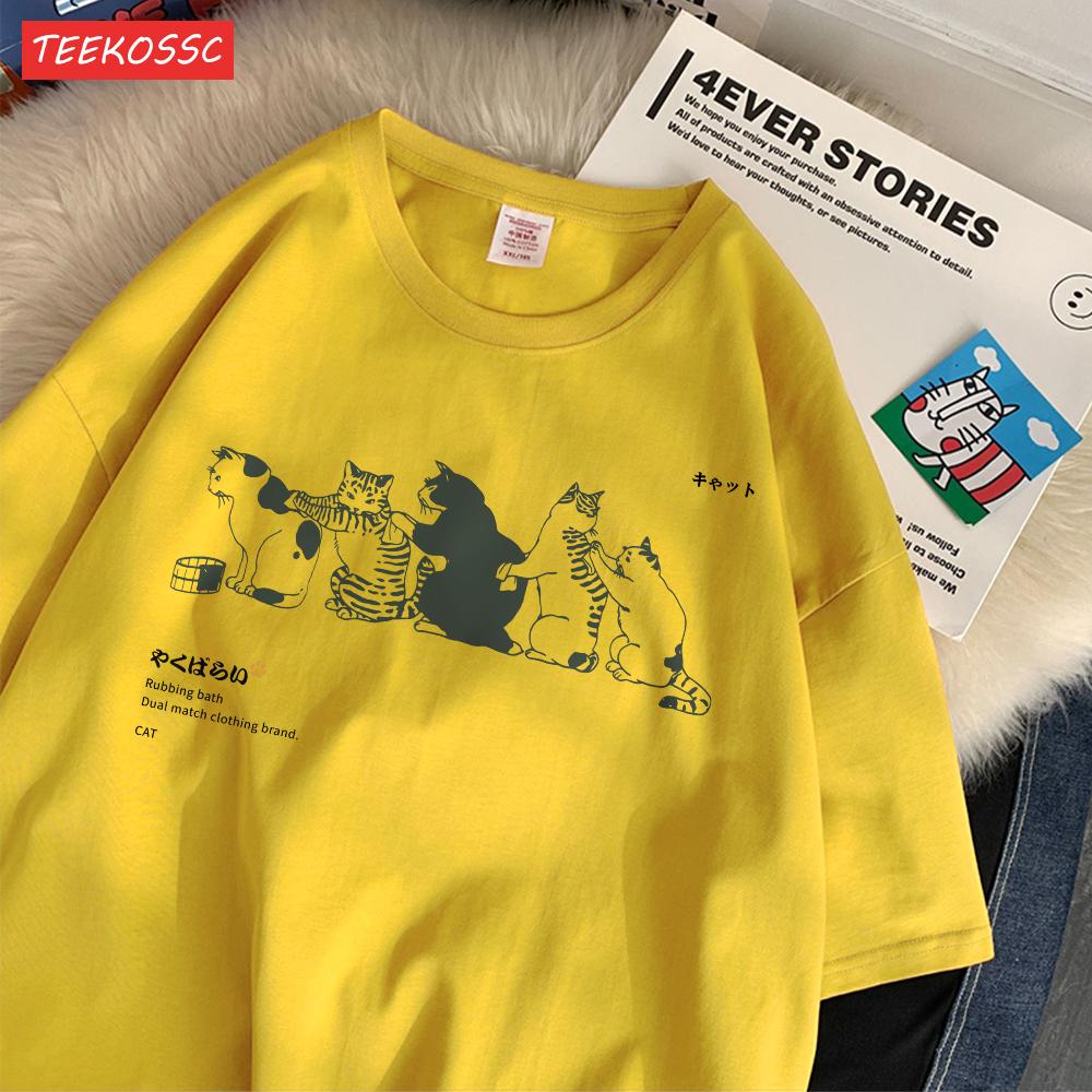 Summer Cotton WomenS TShirts Japanese Vintage Cats Printing Short Sleeve ONeck Breathable Loose Tops Casual Female Clothes