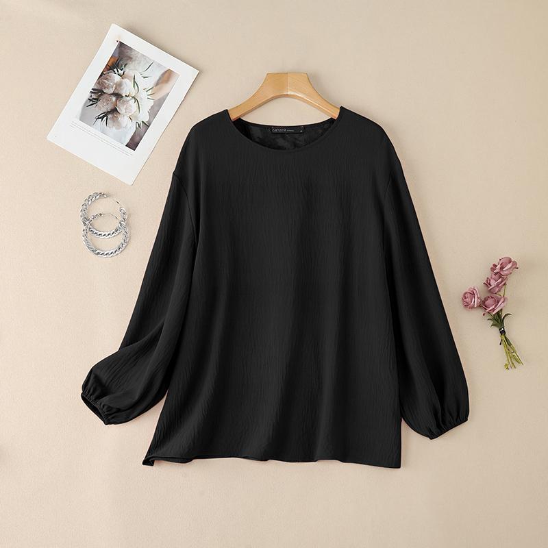 

ZANZEA Женская повседневная блузка с круглым вырезом, длинными рукавами и кружевной вставкой S чёрный