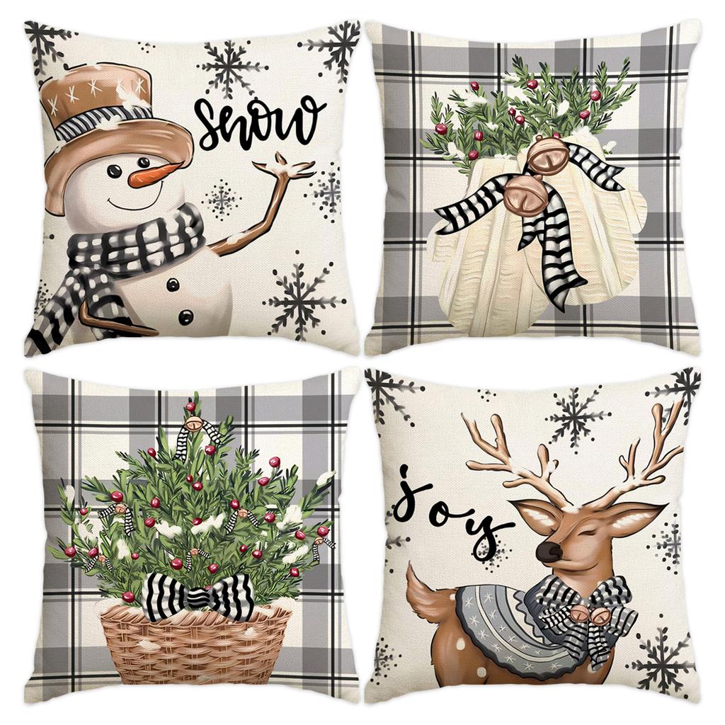 1 \ 4pcs gray Christmas snowman, Christmas reindeer print pillow cover, home sofa decoration cushion cover (without pillow core)