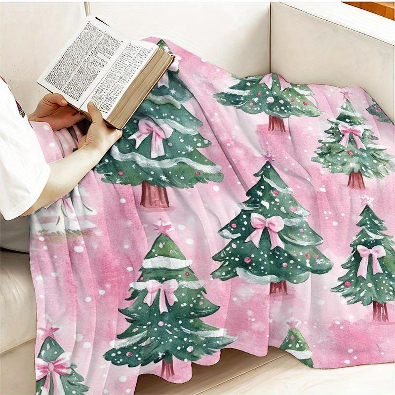 Christmas Tree Pink Flannel Throw Blanket – Soft, Cozy, Knitted Polyester Throws for Sofa, Bed, Travel – Digital Print, Lightwei