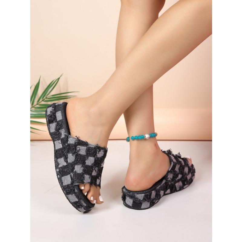 Women's Shoes Summer New Slope Heel Thick Sole Beach Outerwear Plaid Denim Slippers